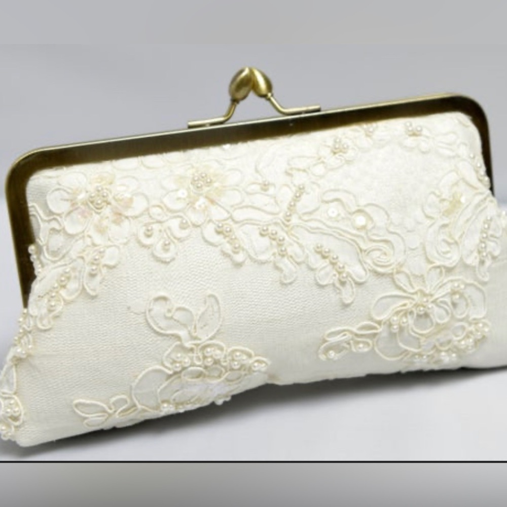 Custom Made White Lace & Pearl Wedding Clutch w/ Brass clasp